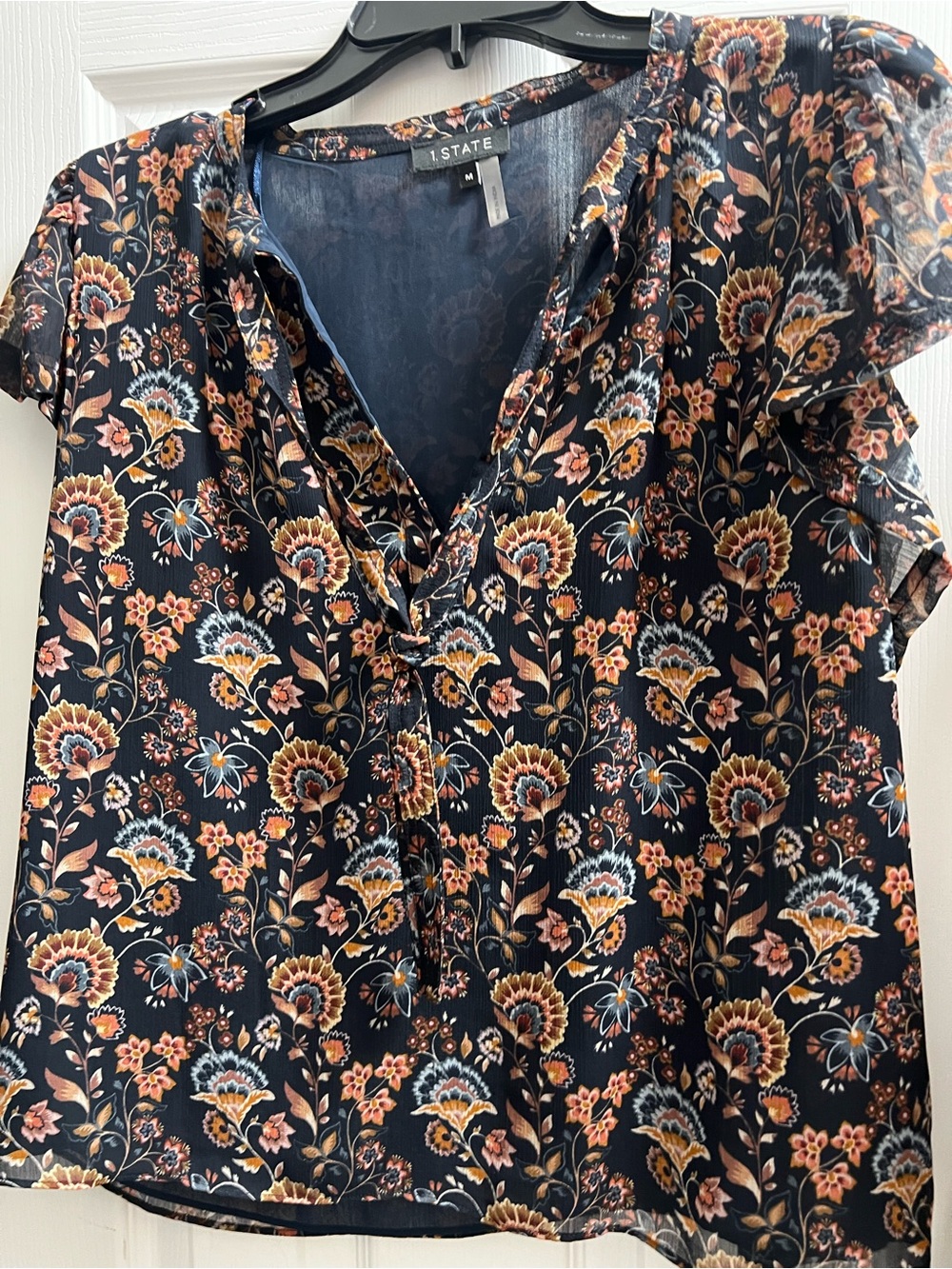 1. State Navy Floral Tie-Front Short Sleeve Blouse with Pink and Gold Accents